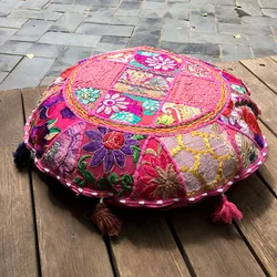 Fodera per cuscino futon patchwork ricamato indiano esotico Tappetino per cuscino per meditazione yoga Fodera per molo rotondo fatta a mano da 60 cm