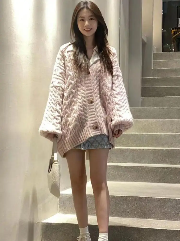 

Vintage Fashion Sweet Retro Pink V Neck Elegant Twists Sweater Women Long Sleeve Loose Knitted Cardigan Tops Autumn Winter Trend