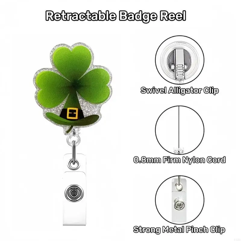 E8BE Patrick's Day Badge Holder with Metal Pocket Clip Badge Reels Clip Retractable Badge Reel for Nurse Doctor