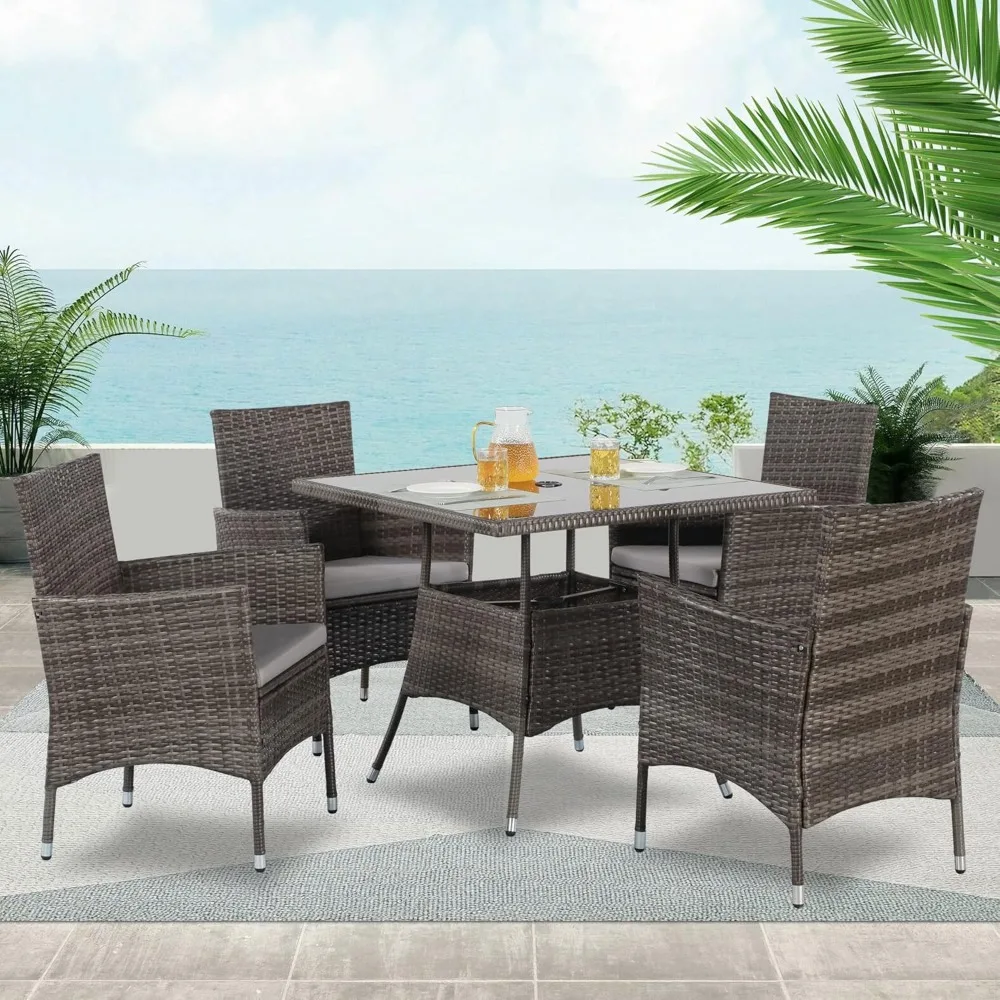 

5-Piece Wicker Outdoor Table and Chairs, Patio Dining Set w/Square Glass Tabletop and Umbrella Hole, Patio Table and Chairs Set