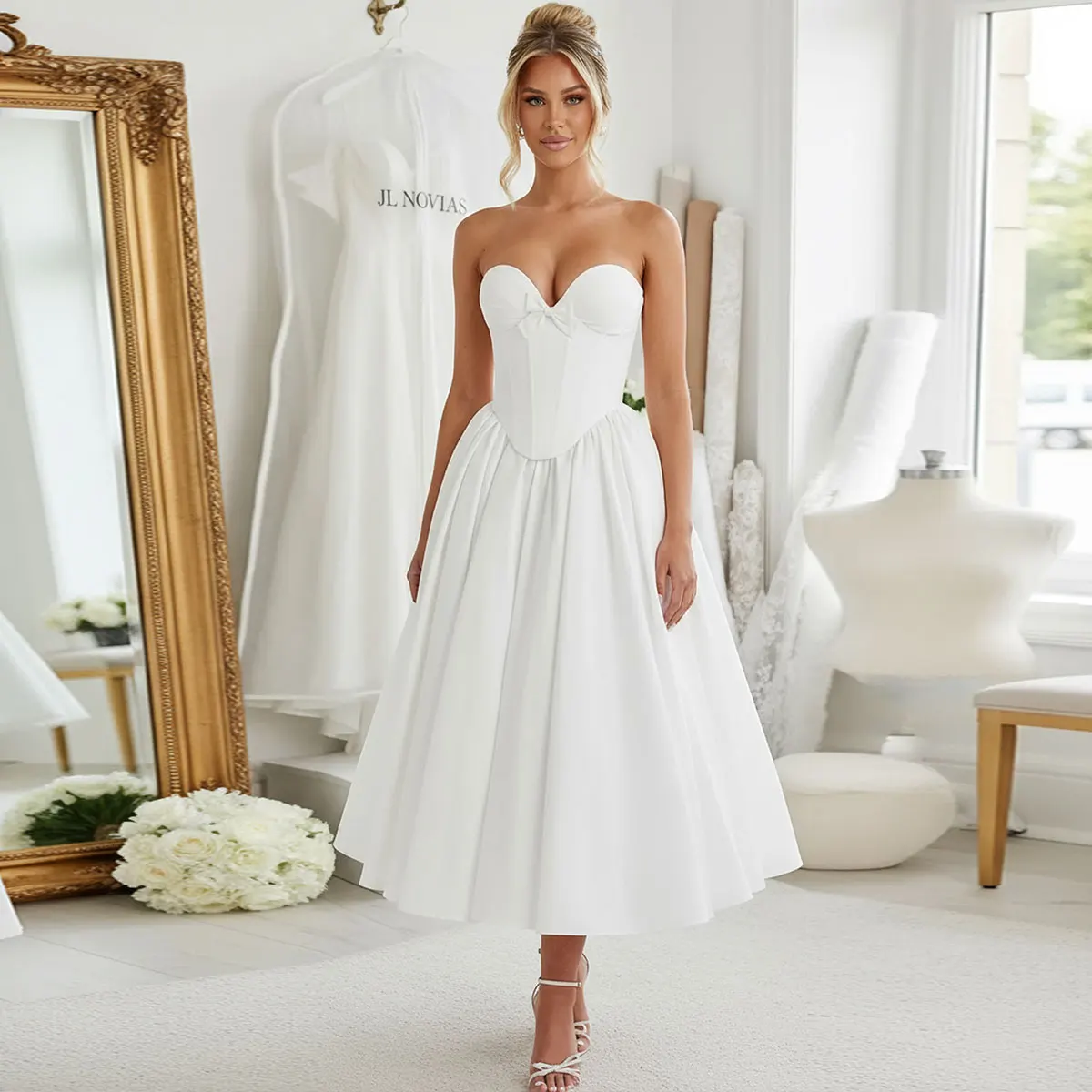 

Simple Vestidos Novia Midi Strapless Wedding Dresses For Bride Teal Length Satin Ball Gown A Line Bridal Party Gown For Women