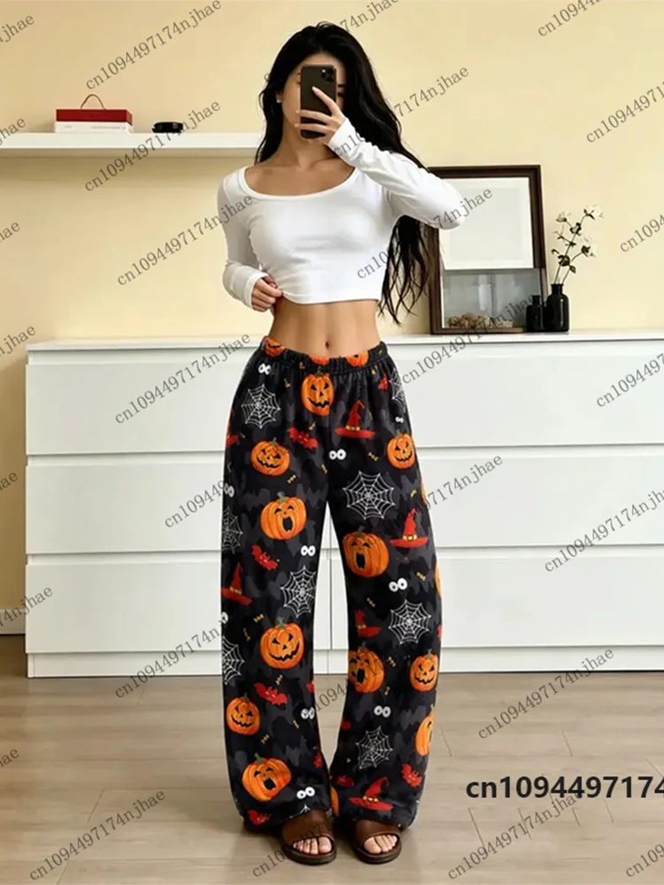 2026 Halloween Spooky Ghost Pumpkin Print Women‘s Pajama Trousers Autumn Winter Casual Flannel Pajama Pants Couple Long Pants