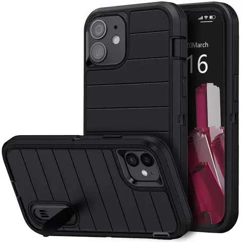 For iPhone 11 Case Heavy Duty Protective Kickstand Phone Rugged Hybrid Shockproof 3-Layers Cover Black