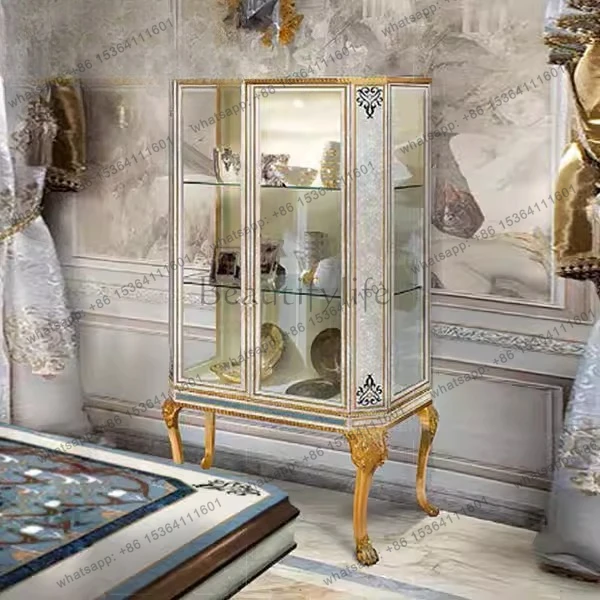 French gold foil solid wood wine cabinet luxury villa living room display cabinet neoclassical