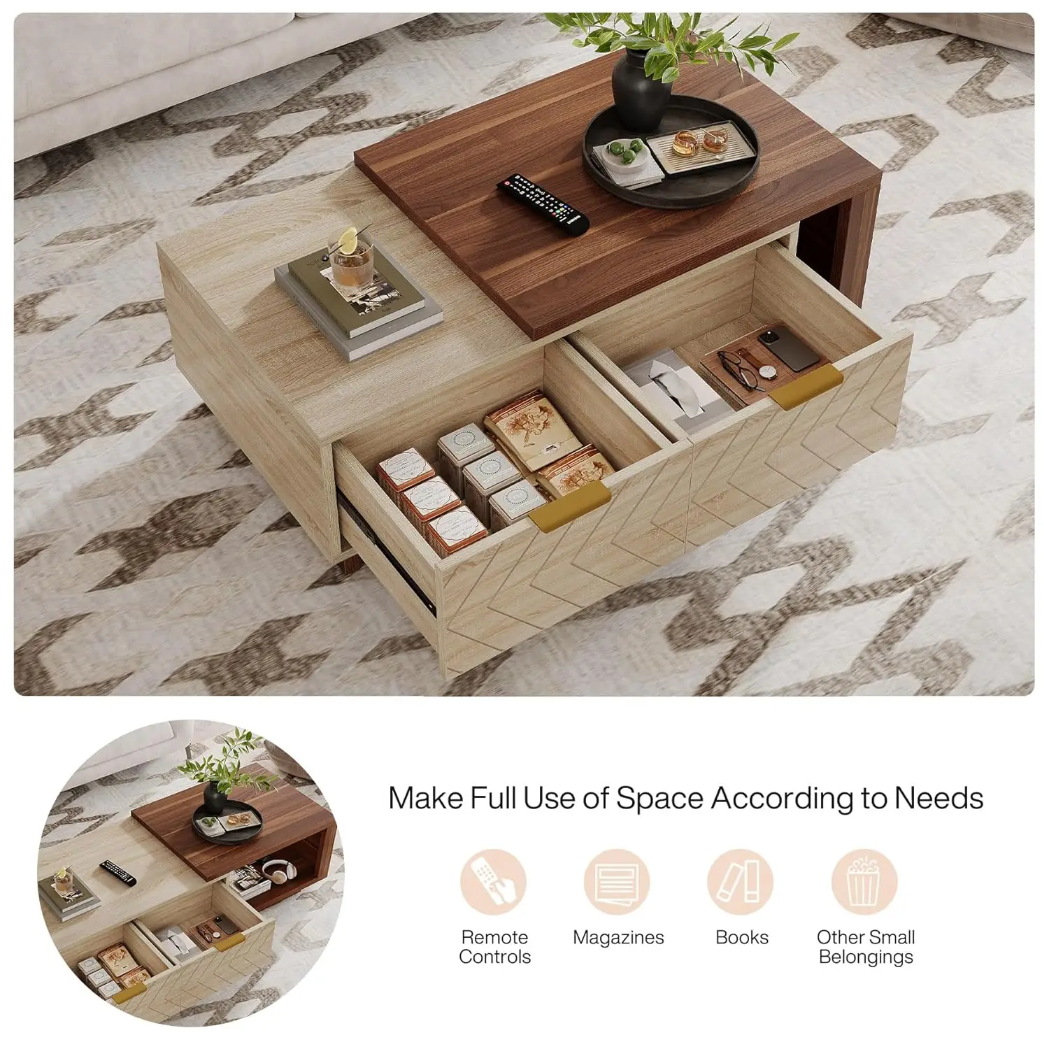Mesa de Centro Extensible y Ajustable de Madera Reversible con 2 Cajones de Almacenamiento, para Sala de Estar, Grande, en Dos Tonos, Nogal y Roble, Personalizable