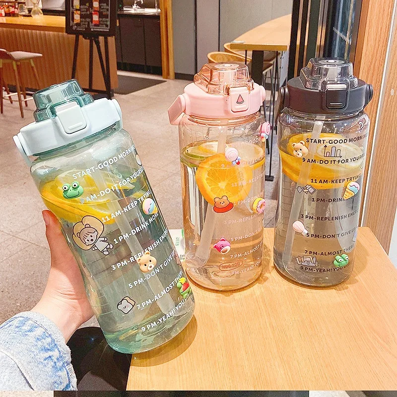 2L Large Capacity Water Bottle Plastic Sports Water Cup With 3D stickers Transparent Time Marker Water Bottles Outdoor Drinkware