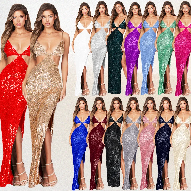 Ausgehöhlte Damenkleider, kreuz und quer, elegantes, rückenfreies, langes Kleid, sexy Pailletten, Maxi-Partykleid, Cocktail-Abschlussball-Abendkleider