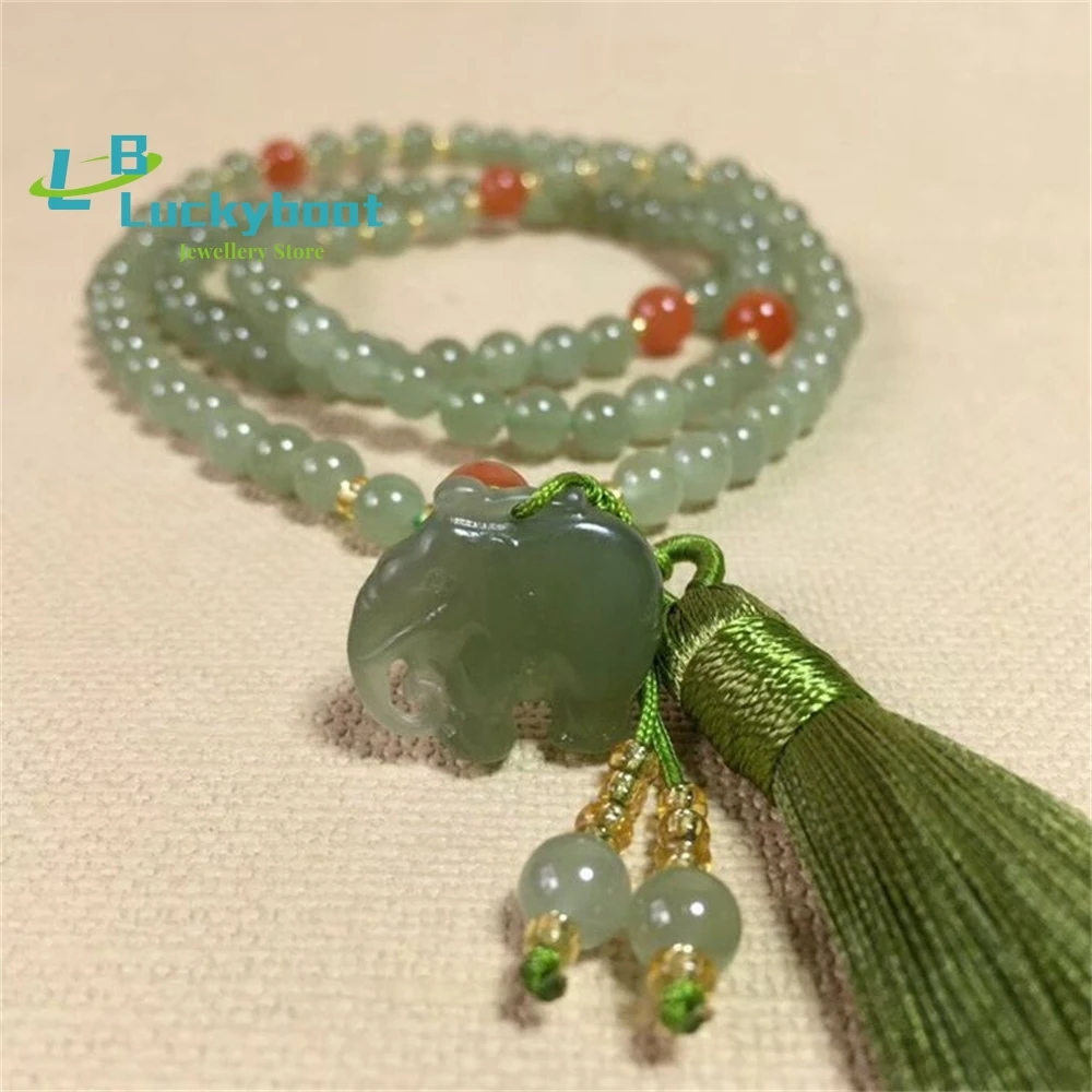 Jade Crafts And Field Oil Cyan 6mm Bead Elephant Ladies Sweater Chain Car Pendant