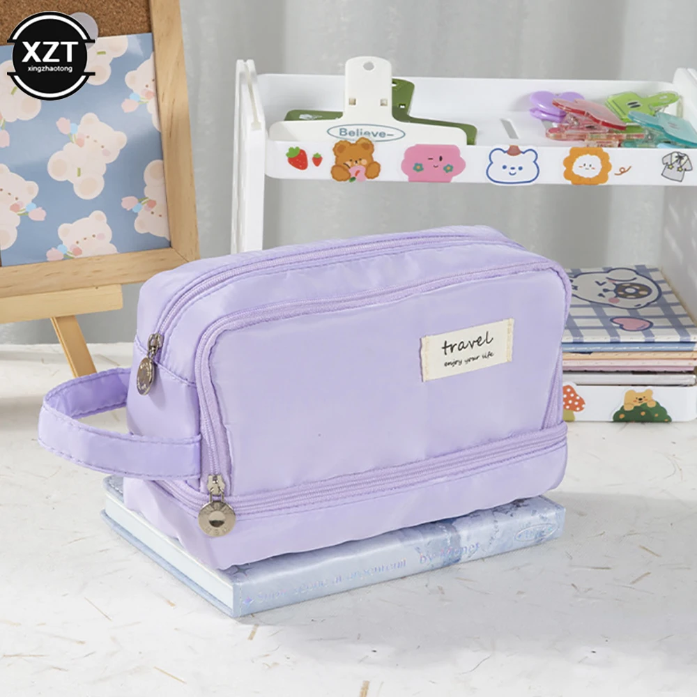 Candy color Children Pencil Bags Three-layer Large Capacity Pencil Case Student Teacher Stationery Pen Pencil Ruler Holder
