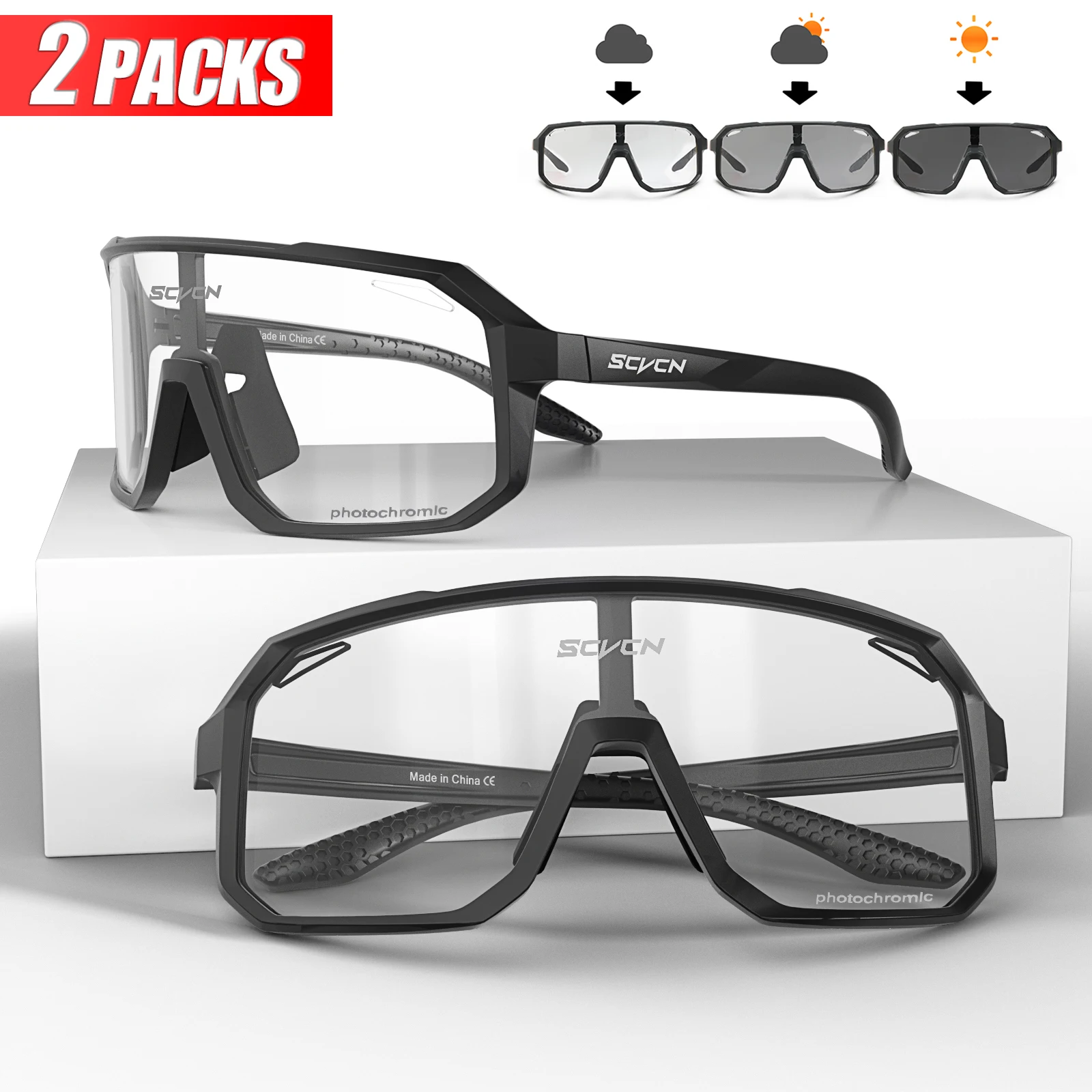 2 Packs Photochromic Riding Cycling Sunglasses Mtb Cycling Glasses Goggles Bicycle Mountain Bike Men\'s Women Sport Eyewear