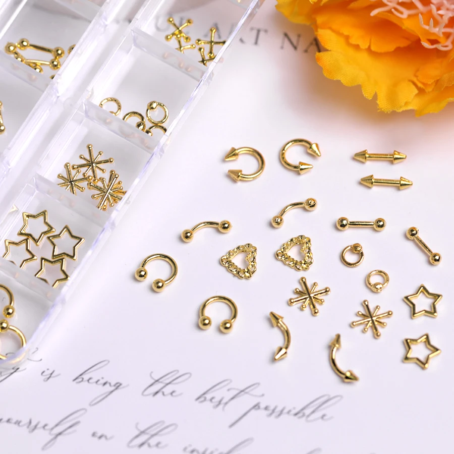 SANANIE 12 Grids 3D Alloy Multi-Style Sliver Gold Color Studs Nail Charms Simple Star Heart Rivets Manicure Art DIY Decorations 6
