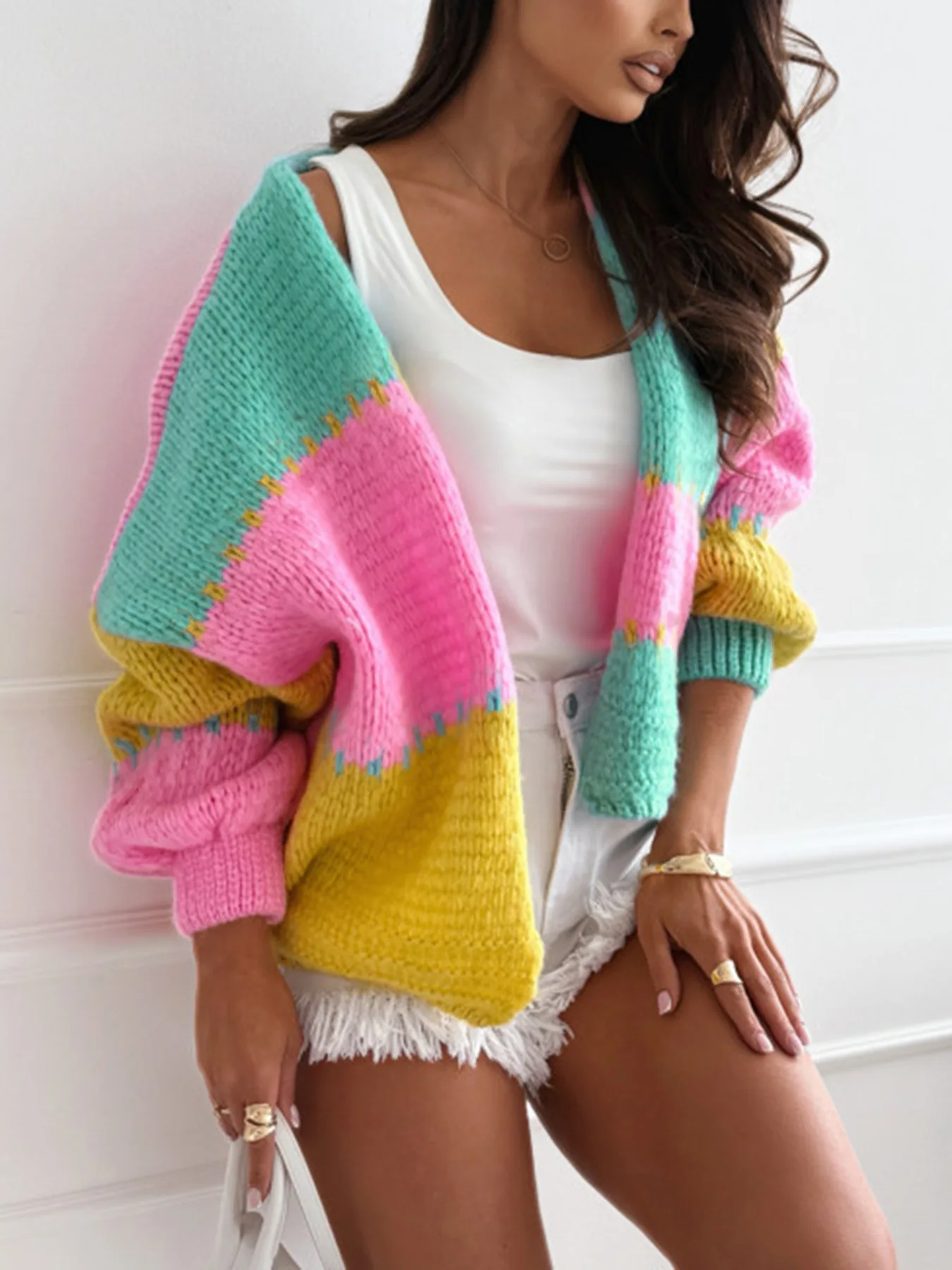 

Women's Vintage Color Block Knitted Cardigan Oversized Drop Shoulder Loose Sweater Fashion Patchwork Outerwear For Spring Autumn