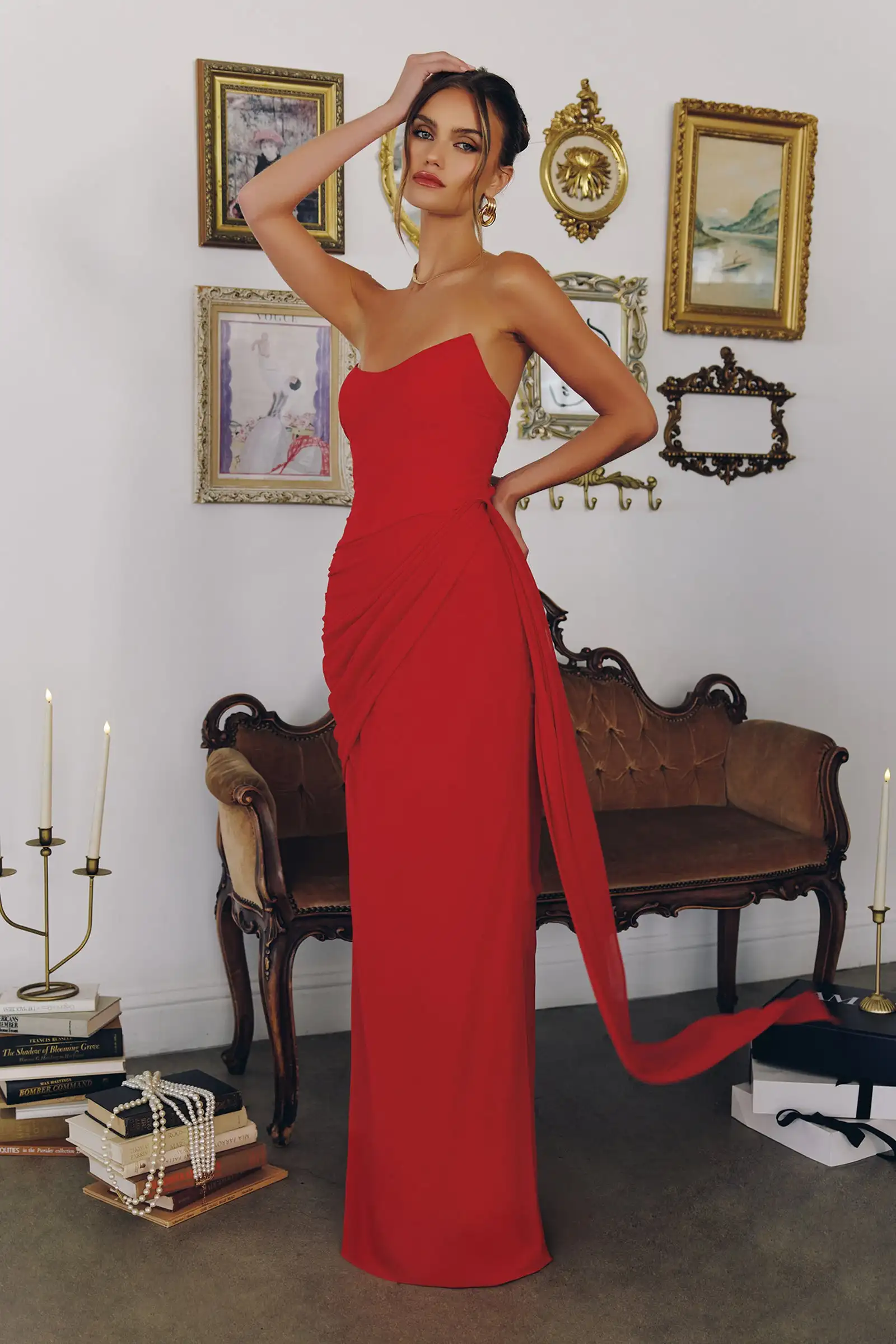 

Customized Simple Prom Bridesmaid Dresses Women Red Party Evening A-line Side Slit Dresses Strapless Chiffon Maxi Dress Pleats