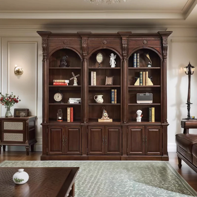 

Книжный шкаф из цельного дерева в стиле ретро, встроенный шкаф-витрина для всей стены с гравировкой в гостиной