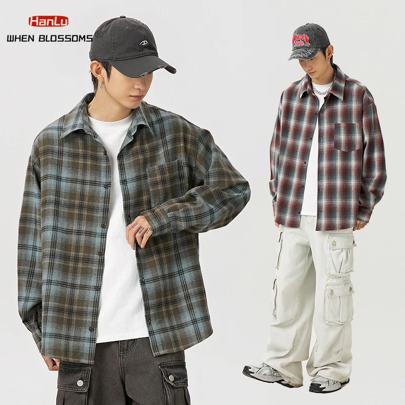 American Vintage Men Clothing 2024 Fashion Spring Autumn Casual Plaid Long Sleeve Shirt Women\'s Youth Casual Top Men Shirt Coat