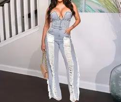 Fashion Trend Jumpsuite Femme Hollow Out  Overalls For Women Studded Diamond Strapless Backless Jeans Street