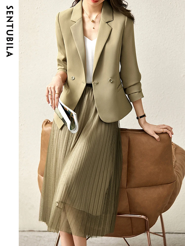 SENTUBILA Elegant Womens Outfits 2024 Autumn Fashion Folds A Line Skirt Suit Office Ladies Fashion Notched Blazer Two Piece Set