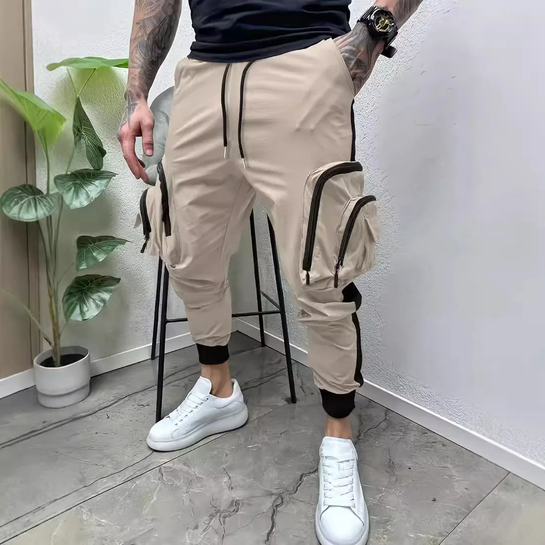 New Spring And Autumn Men\'s Color Matching Pocket Loose Outdoor Sports Pants Fashion With Breathable Small Feet Pants