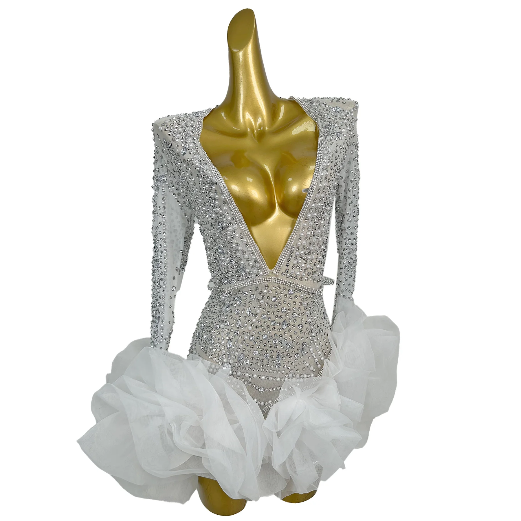 

Babi Sexy Deep V Ball Dress Silver Water Diamond Pearl Fluffy Skirt Birthday Cocktail Ball Mini Skirt Bar Performance Dress