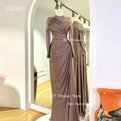OLOEY Modest Dubai Arabic Women Evening Dresses Glitter Long Sleeves High Neck Pleats Prom Gowns Formal Occasion Pary Dress