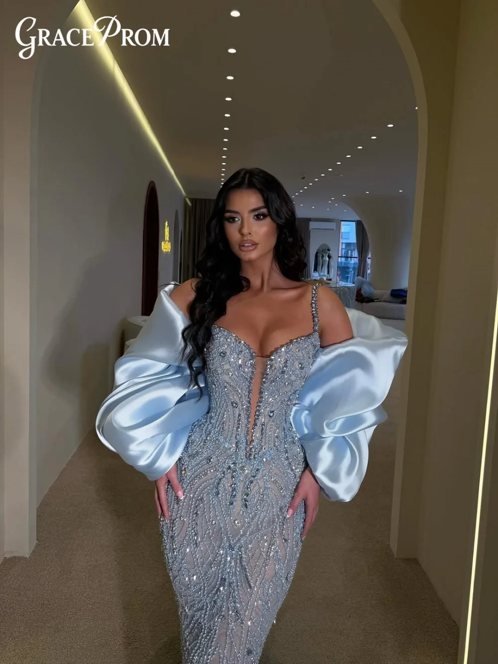 

Luxury Light Blue Puffy Sleeve Prom Dress 2026 Sequin Evening Gown with 3D Floral Appliqué Sparkling Beading Formal Party Dress