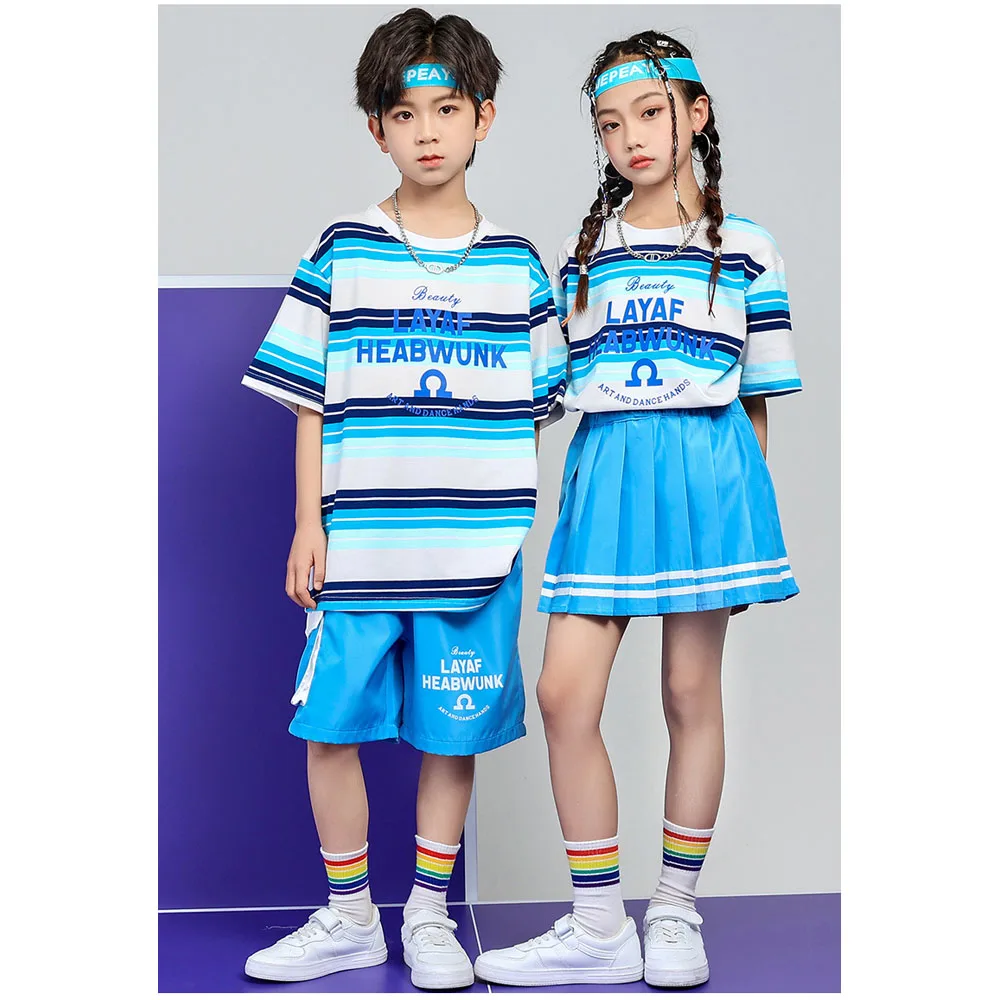 

Summer Boys Girls Children Fashion Cheerleading Team Short Sleeve Stripe T-shirt Shorts Pleated Skirts Sets Kids T Shirts Pants