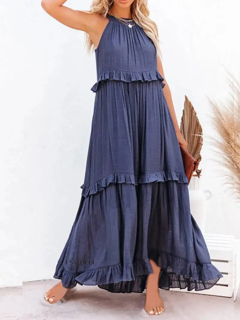 Femmes décontracté solide volants longue robe élégante sans manches robe d'été élégante Harajuku Maxi robe plage fête soirée robe LS8Q