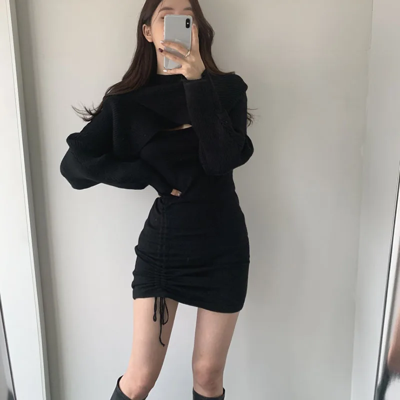 Mini abito aderente lavorato a maglia sexy da donna moda coreana scava fuori abiti corti con coulisse set abito maglione autunno inverno da donna