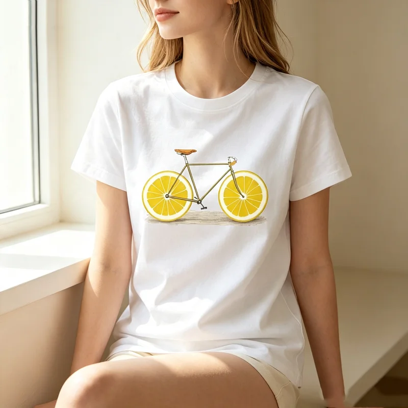 Lemon Bicycle Art T Shirt Multi Color Options Cotton Short Sleeve Urban Style Daily Gift Tee for Cycling and Fruit Fans Y2k Top