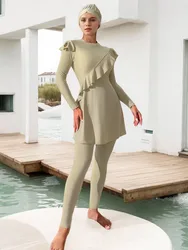 3pcs Muslim Burkini Femmes Swimsuit Wooden Lace Solid Swimwear for Islamic Women with Hijab Diving Suit Surfwear for Arabic Lady
