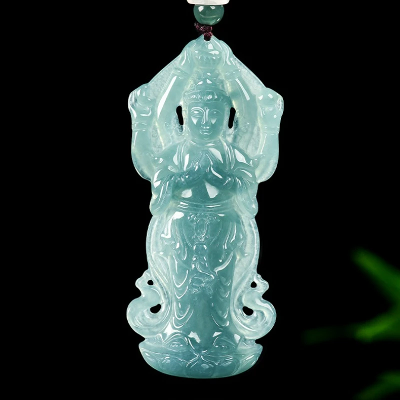 

Натуральный изысканно резной синий водный жадеит, трехмерное ожерелье с тысячей рук Гуаньинь, кулон для мужчин и женщин, пара амулетов