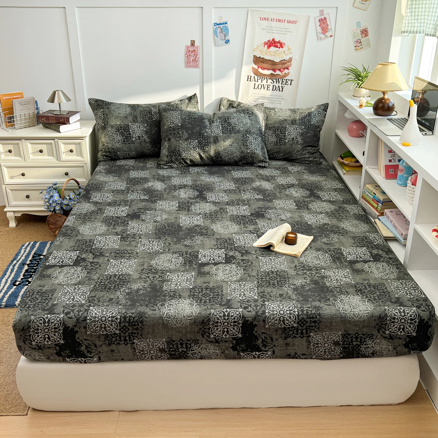 Skin-friendly Bedsheet Puff Gauze Bed Cover with Elastic roupa de cama Printed Bed Linen for Home Fitted Sheet lençol cama casal
