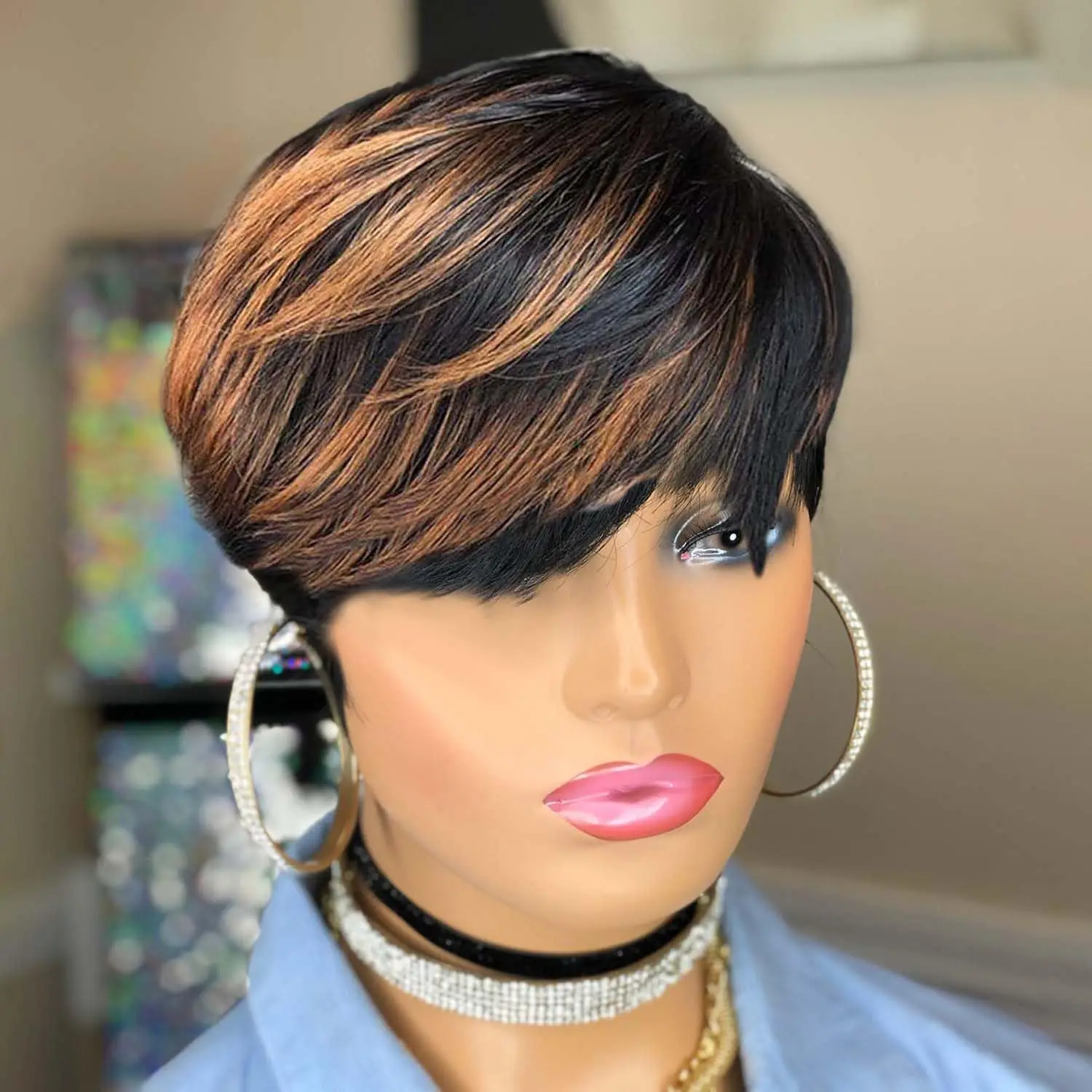 Pixie Cut Wig Human Hair for Black Women Pixie Layered Wavy Wigs Black with Brown 1B/30 Color Glueless Short Curly Wigs