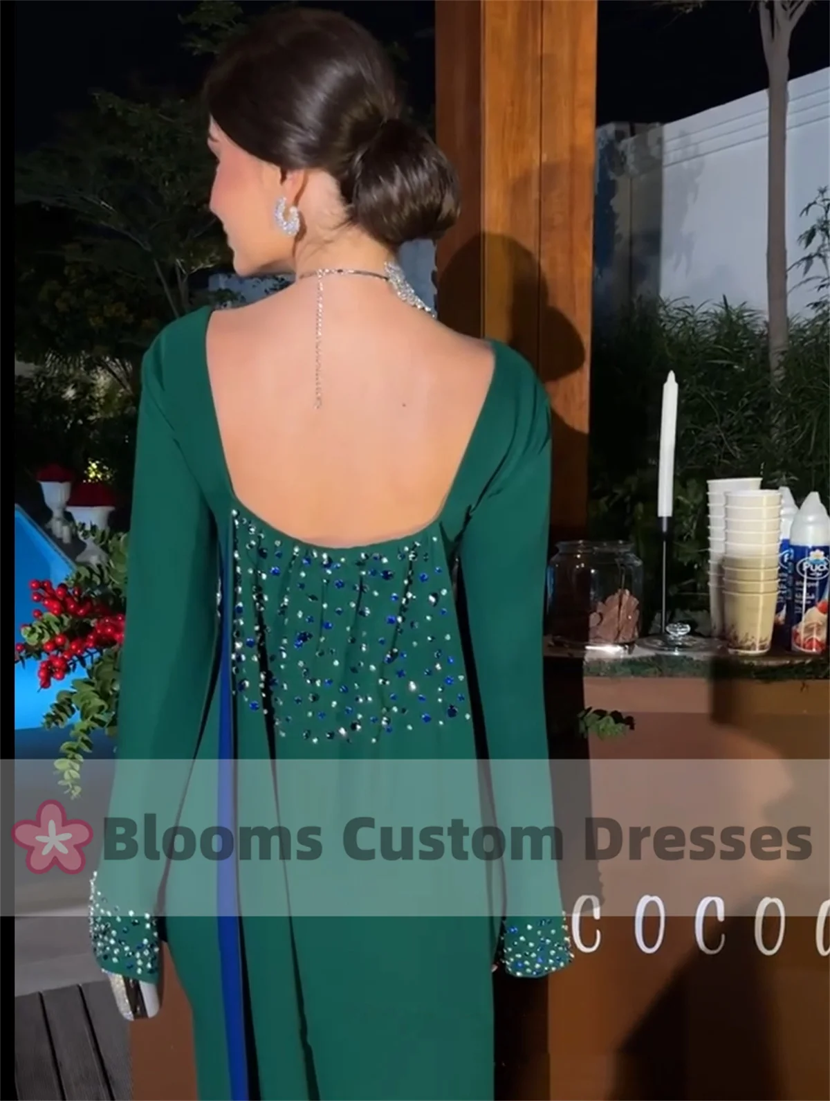 Customized Green Crepe Contrast Blue Evening Dress Long Sleeve Backless Crystal Back Train Formal Party Gown Wedding Prom Dress