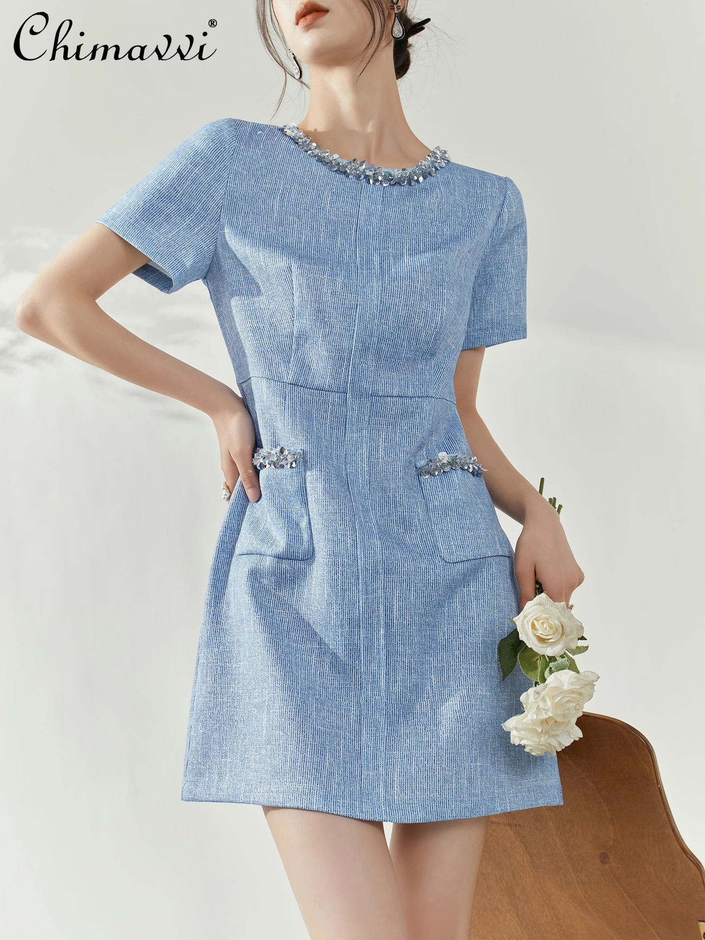 

French Temperament Socialite Evening Party Dress Sequined Round Neck Short Sleeve High Waist Slim A-line Mini Dress Women Summer