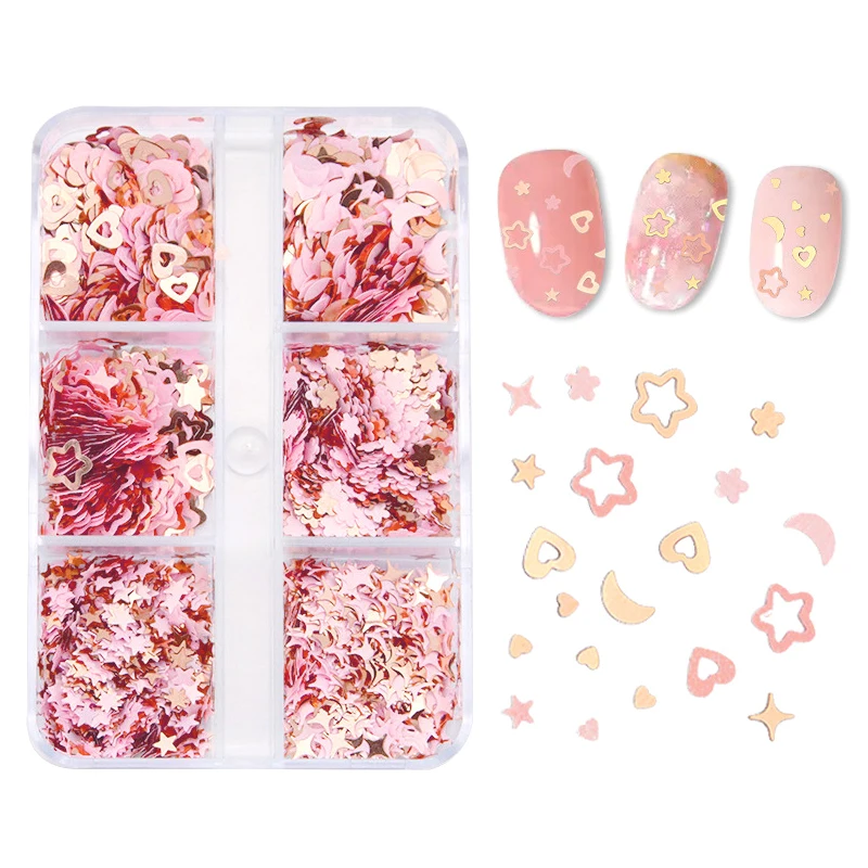 Pink Gold Nail Glitter Sequins with Mix Star Moon Cherry Blossom & Love Heart Flakes for Manicure Decorations Nail Accessories