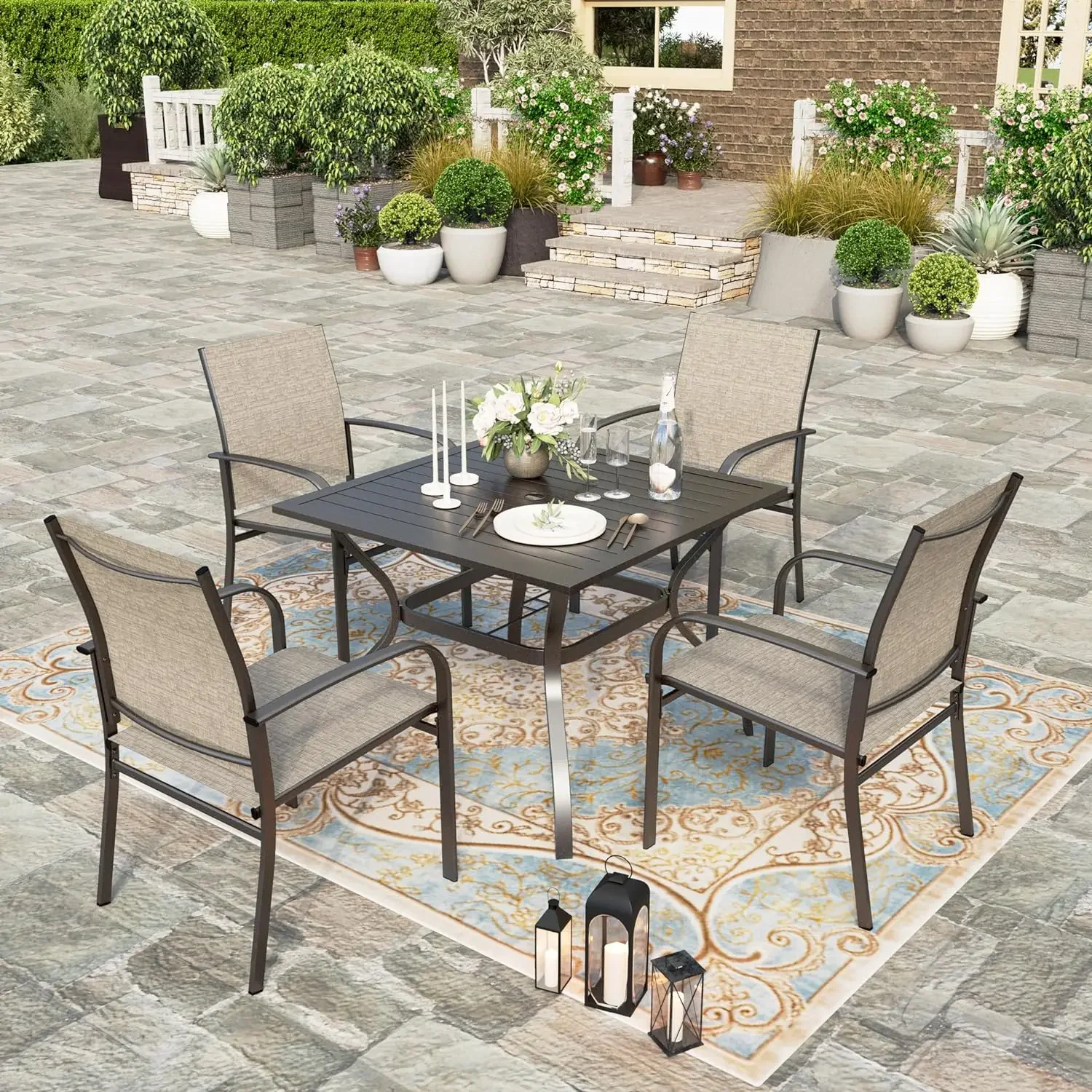 

5 Pieces Patio Dining Set, Outdoor Table and Chairs Set for 4, 4 x Textilene Dining Chair, 37" Square Metal Dining Table