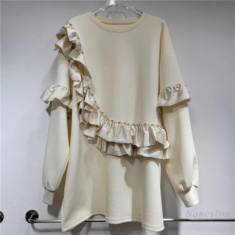 

European Style Autumn and Winter New Ruffle Edge Splicing Long-sleeved Sweatshirts Women's Loose Medium and Long Pull Tops