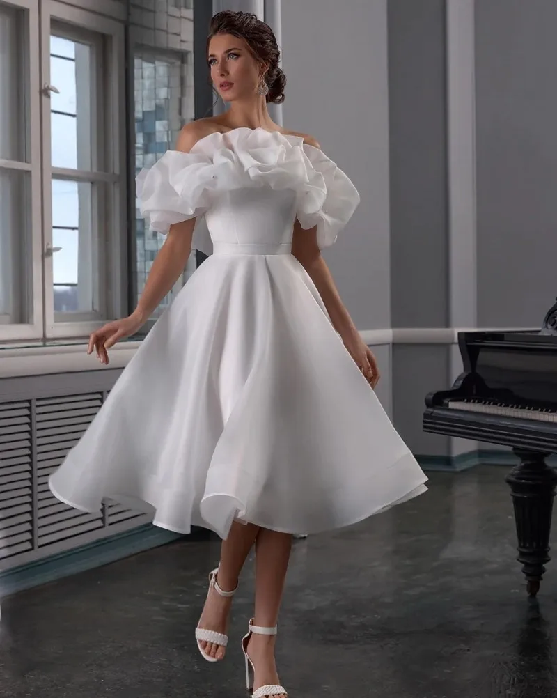 

Simple Modern A-line Wedding Dress Off The Shoulder Ruffles Organza Tea Length Bride Bridal Gowns vestidos de noiva