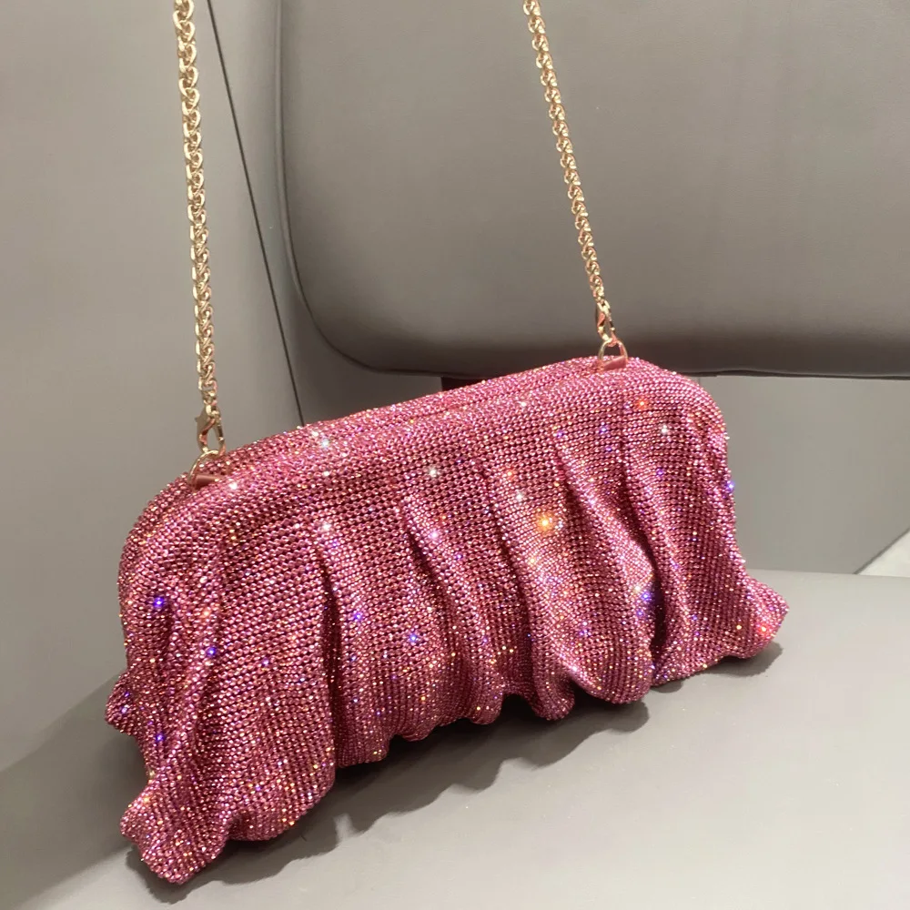 Elegant Shiny Rhinestone Evening Clutch Bags Women New Folds Crystal Clip Purses and Handbags Designer Wedding Party