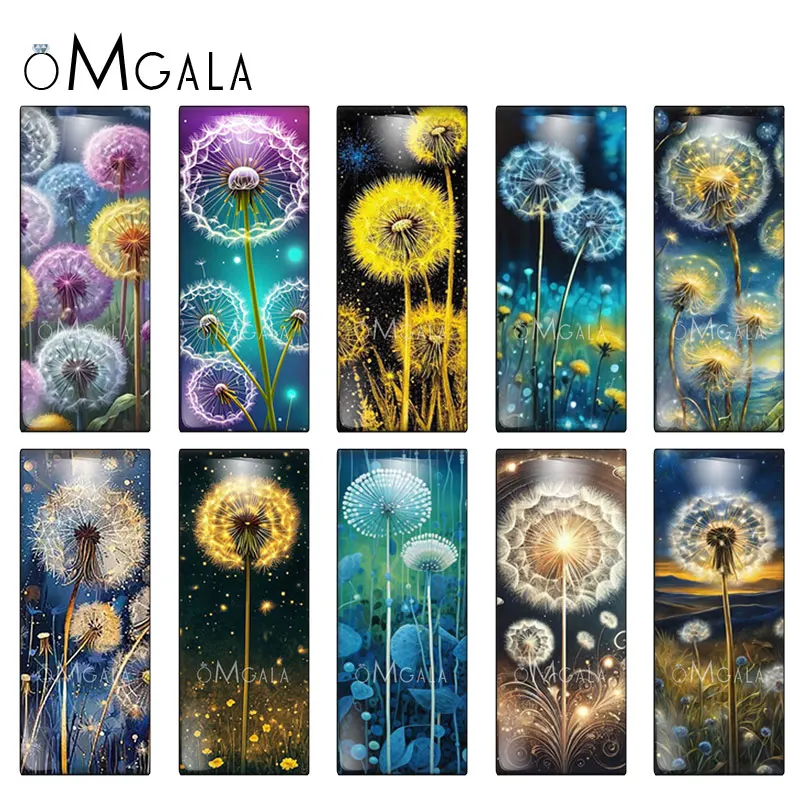 10pcs Assorted 10x25mm Rectangle Glass Cabochons  Dandelion Art Paintings- Ideal for DIY Jewelry Making & Crafts