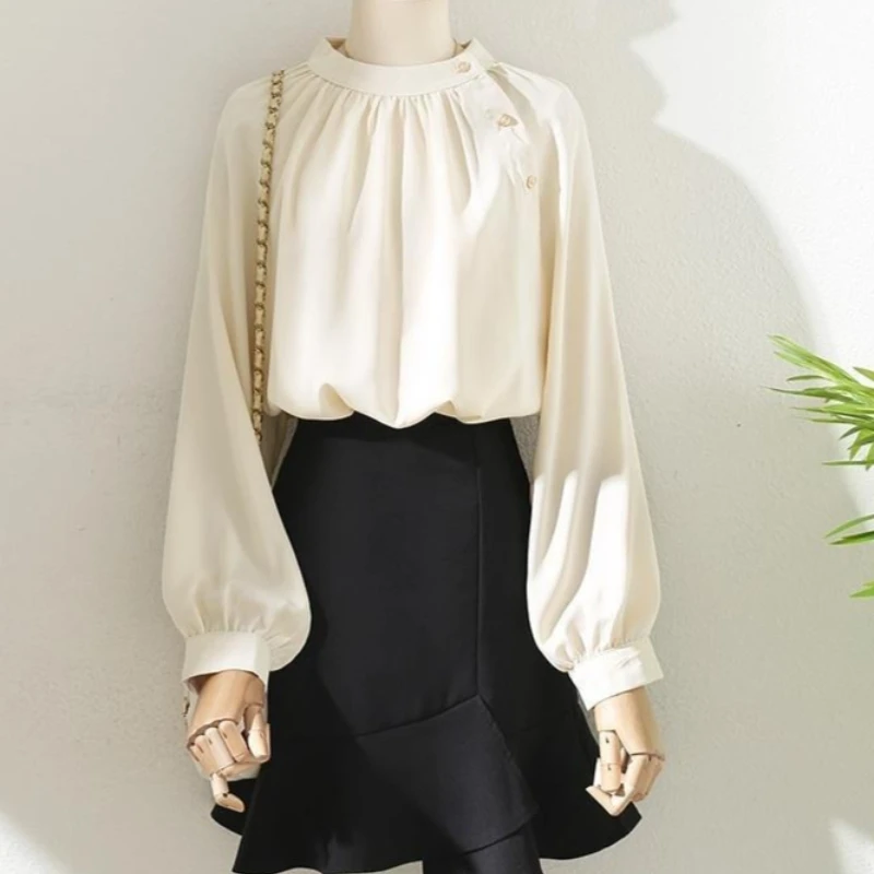 

Temperament Lady Tops Blouse For Women 2025 Blusas Mujer De Moda Stand Neck Vintage Shirts Solid Color Loose Long Sleeve Blouses