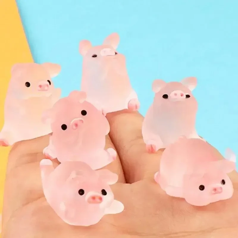 6PC Luminous Mini Resin Pig Car Dashboard Toys Dolls Figures Home Garden Decoration Cartoon Color Chick Cute Car Ornaments Gifts
