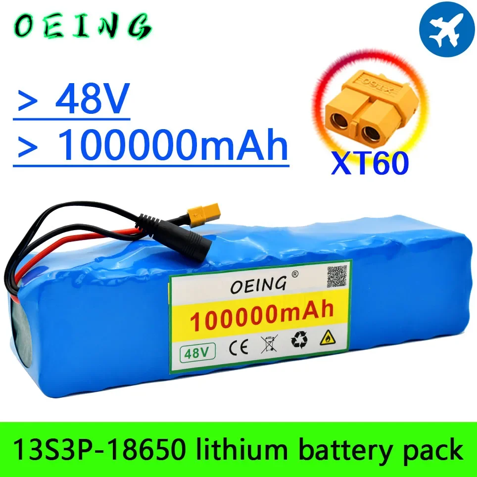 100%Large Capacity 48V Battery 48V 100ah 1000W 13s3p Li Ion Battery Pack for 54.6V E-bike Scooter with BMS