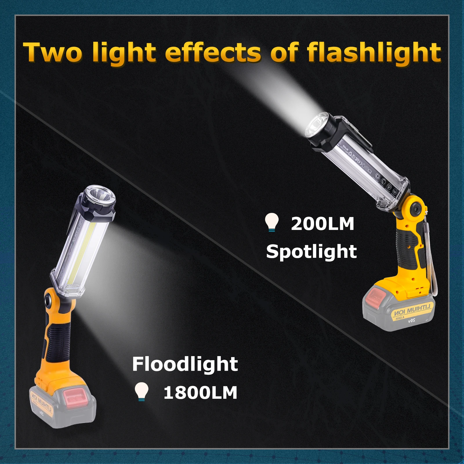 Luz de trabajo LED inalámbrica de 2000LM para Dewalt, linterna para exteriores con batería de 20V, linternas portátiles para acampar con gancho (sin