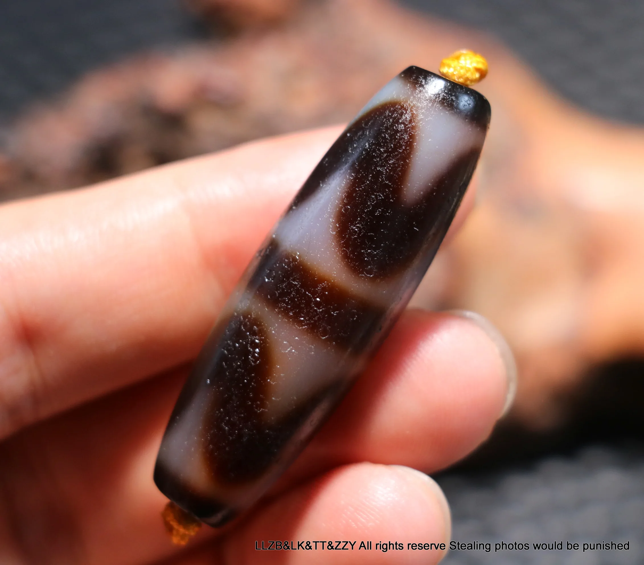 

Treasure Power Magic Energy Tibetan Old Agate Double Tiger Tooth Totem dZi Bead Amulet Timestown UPD1210A