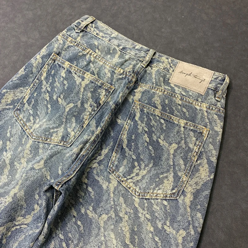 Pantalones vaqueros con estampado de Jacquard para hombre, ropa holgada y recta, estilo Hip Hop, calle coreana, Pu, pierna ancha, estilo Retro Y2K