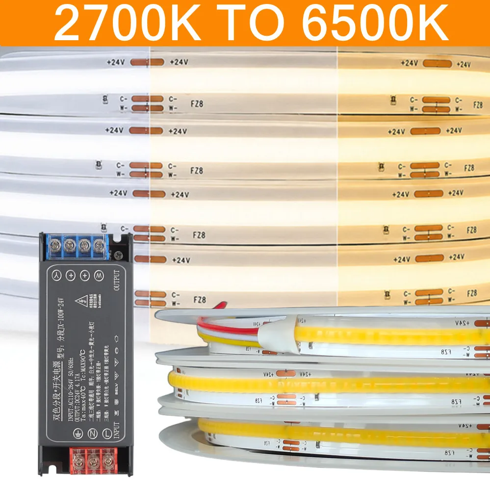 DC 24V CCT COB LED Strip Light 608LEDs/m Double Color RA95 Dimmable Ribbon for Paired with auxiliary power supply