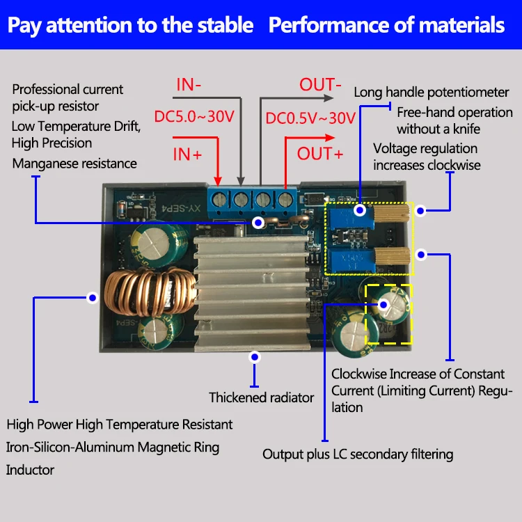 Fonte de alimentação ajustável para Arduino Módulo Board, Regulado Buck Converter, CC CV regulado, DC, 0.5-30V, 4A, 35W