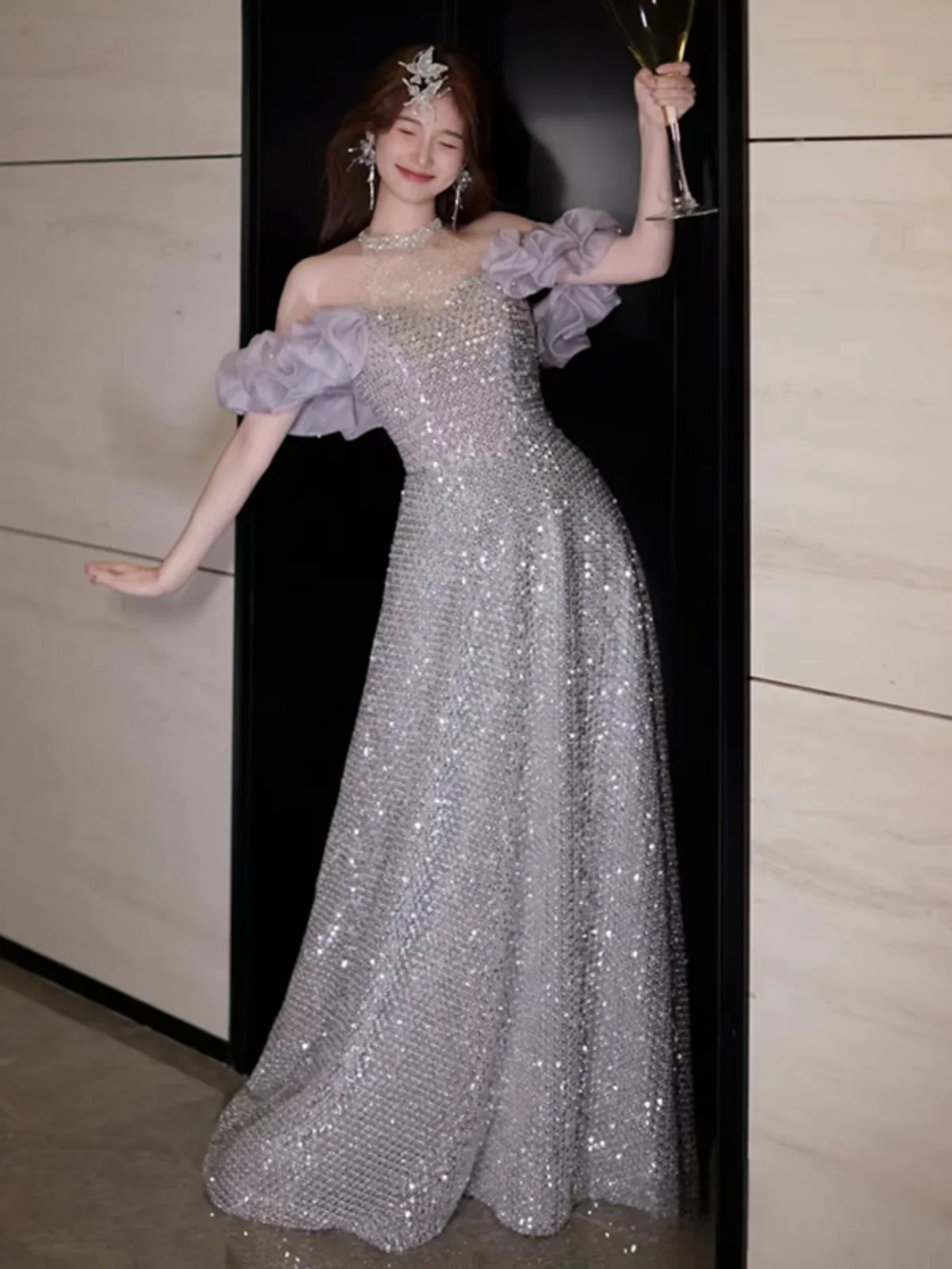 

Потрясающее вечернее платье женское, новинка 2025 года, класса люкс, корейский стиль, расшитое бисером, с завышенной талией, А-силуэт, длинное